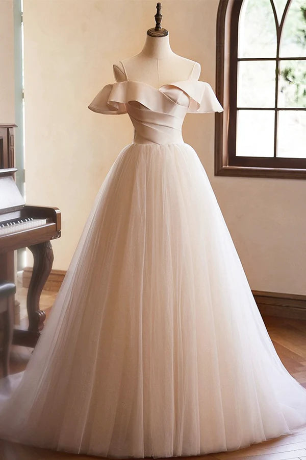 Wholesale Champagne Spaghetti Straps Floor Length Prom Dresses A-Line Sleeveless Backless Evening Party Dress